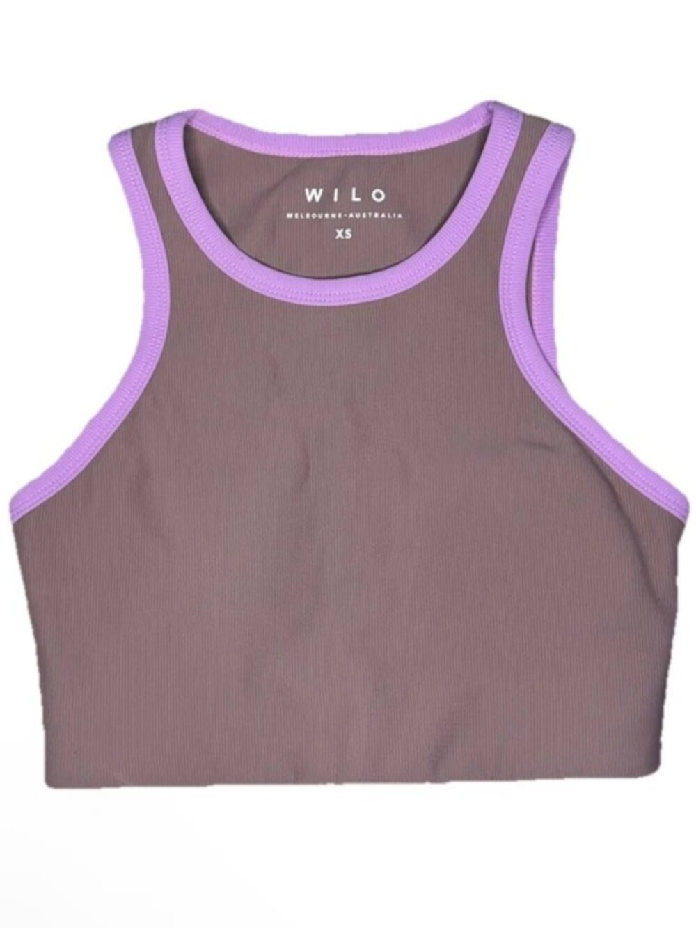 WILO Melbourne XS Cropped Ribbed Tank Top Brown Purple Trim Athletic Crop Top